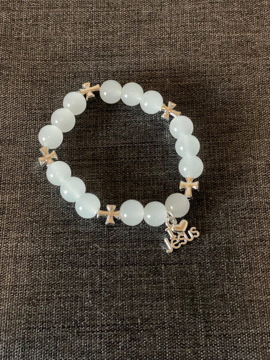 White bracelet with Silver Cross Spacers and Jesus Charm