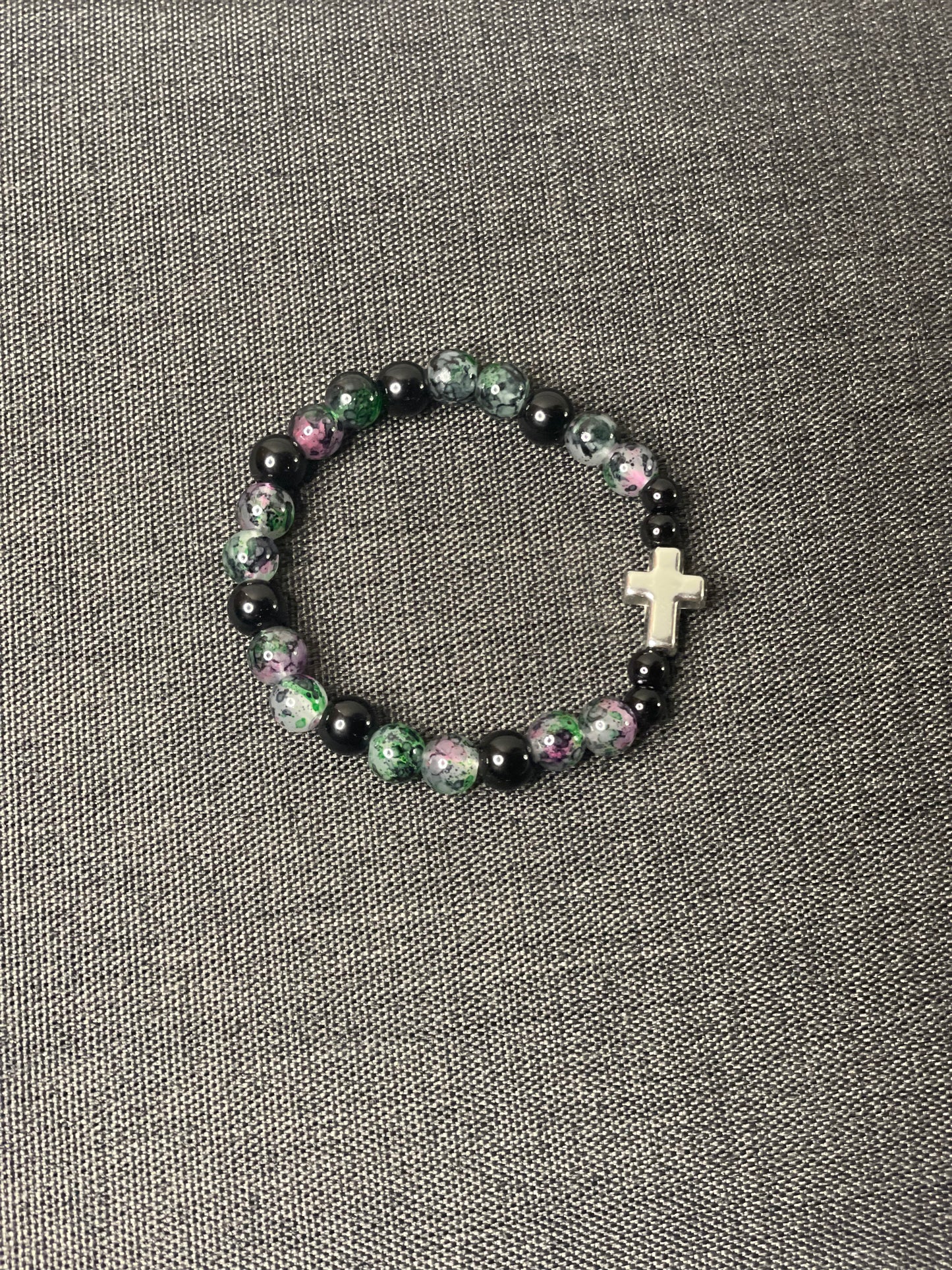 Black, Green bracelet with Silver Cross