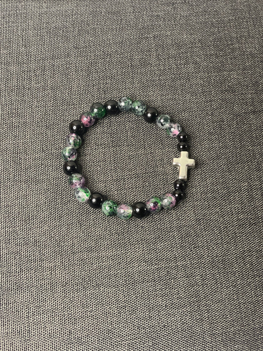 Black, Green bracelet with Silver Cross