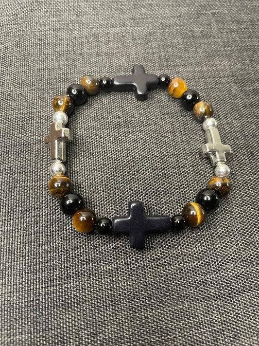 Brown & Black Bracelet with Black & Silver Cross