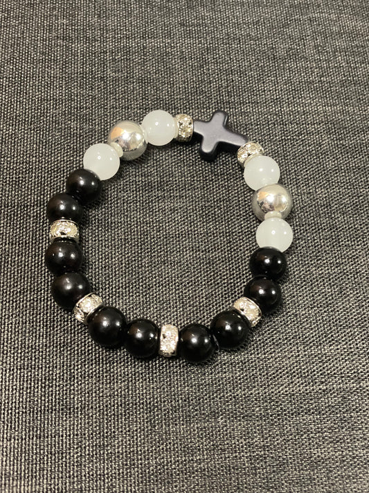 Black,White, Silver Bracelet with Black Cross